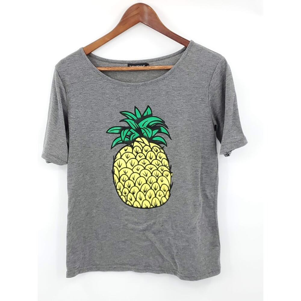 Pineapple Graphic T Shirt Womens Large Gray Novelty Print